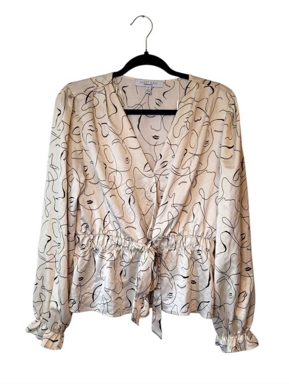 Sweet Rain Cream Abstract Line-Face Tie-Waist Blouse Size XL